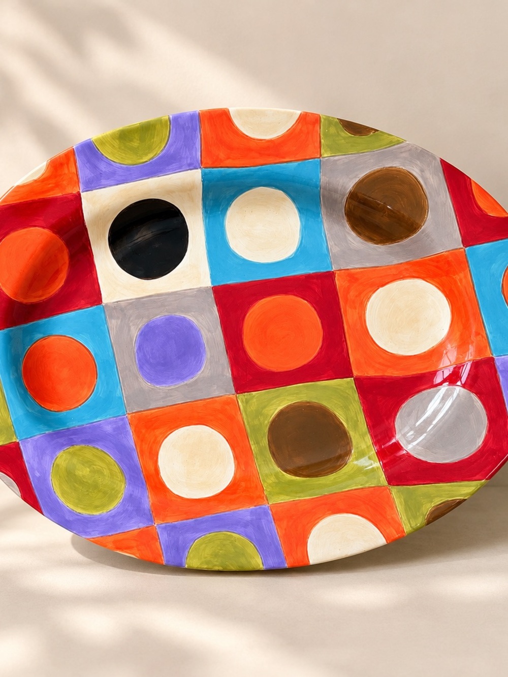 Large Oval Serving Platter 16"x13" Glossy Ceramic Tray Multicolor Geometric